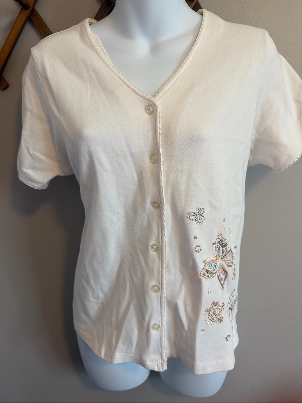 Y2K JANA Cream Embroidered Beaded Butterfly Knit Cardigan Top Size L